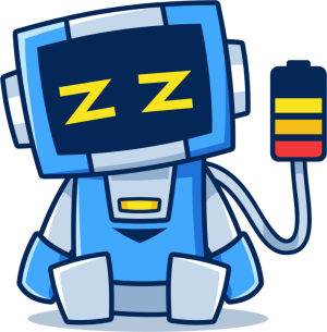 Illustration of robot running out of power and falling asleep.