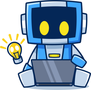 Illustration of robot using laptop with a light bulb.