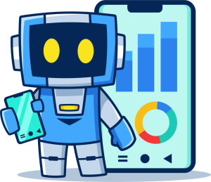 Illustration of robot with screen of datas and analysis.